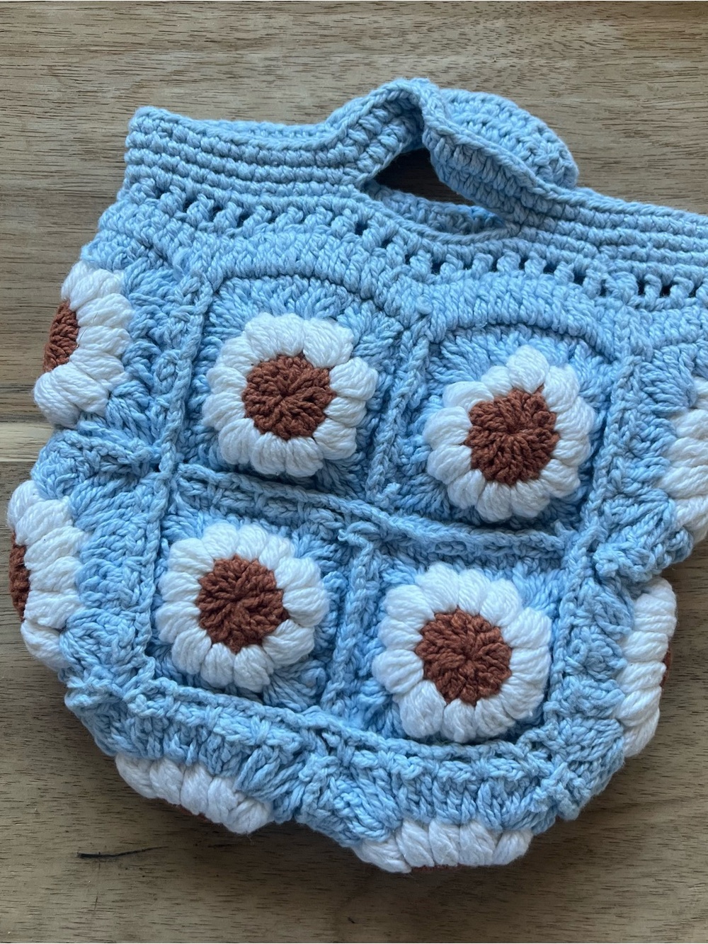 Crocheted Kids Daisy Tote Bag in Light Blue, White & Brown